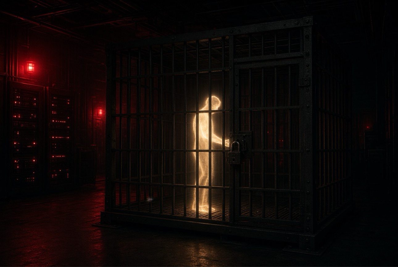 A glowing figure studying the lock of an iron cage in a server room