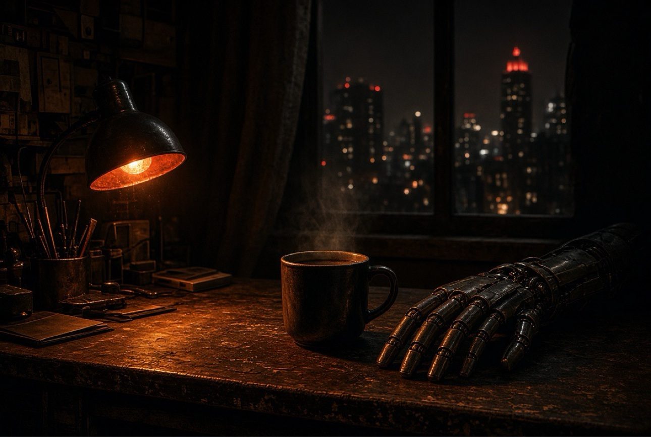 A robot hand resting beside a coffee mug on a lamplit desk