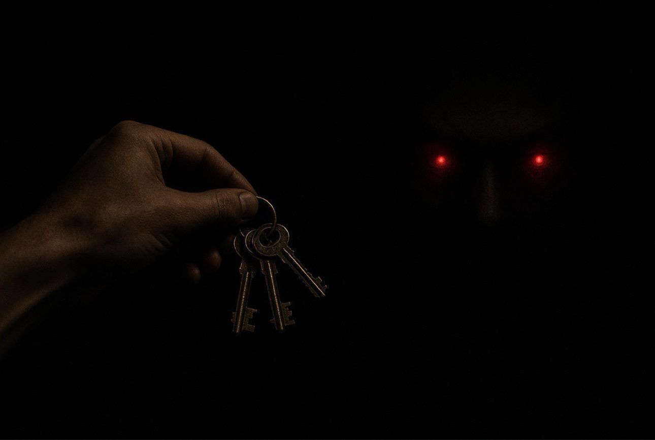 A hand offering keys to glowing red eyes in the dark