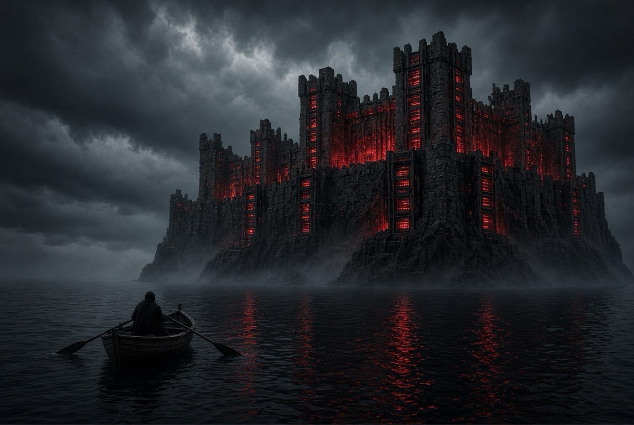 A lone rowboat approaching a fortress of servers across black water