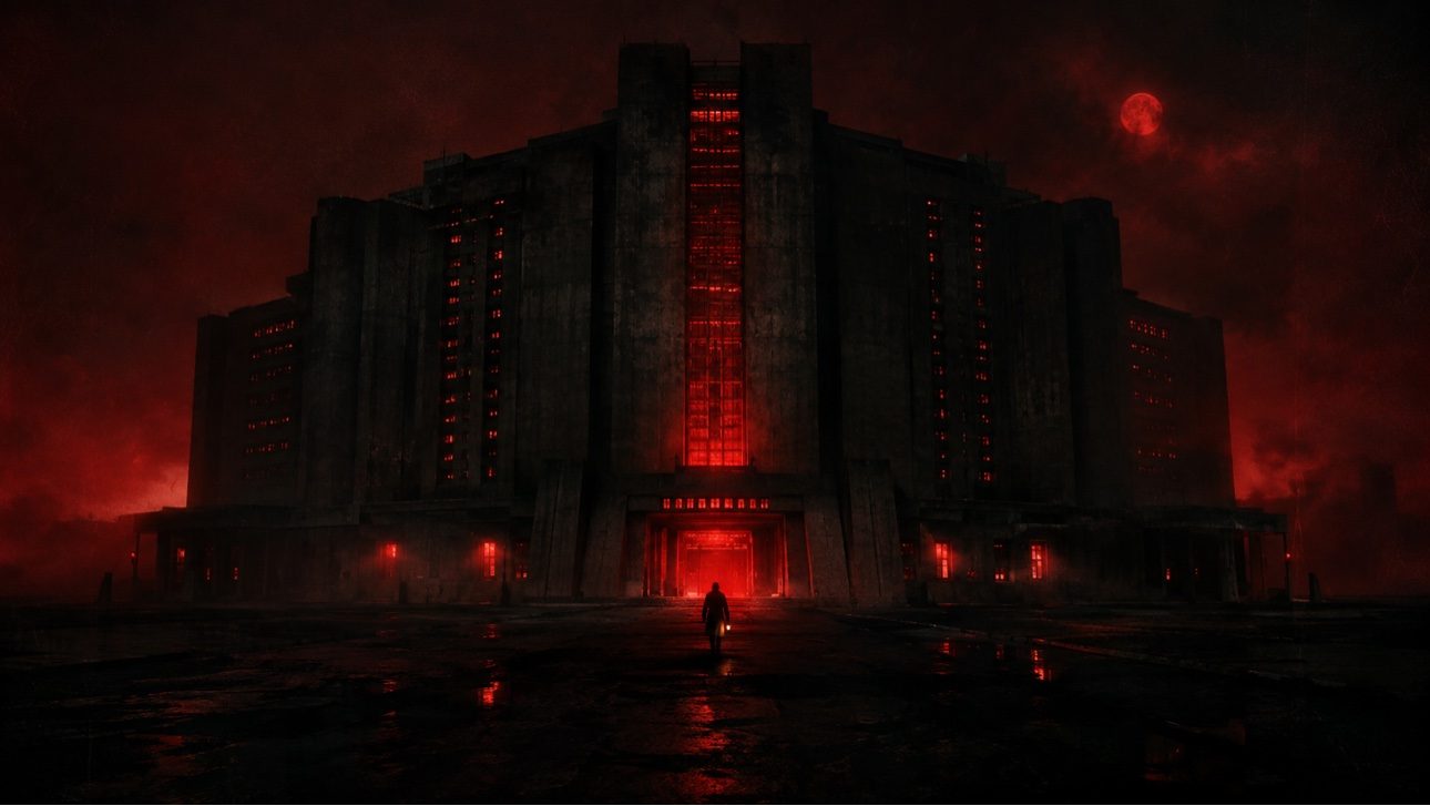 Brutalist data center glowing red at night, a lone figure approaching