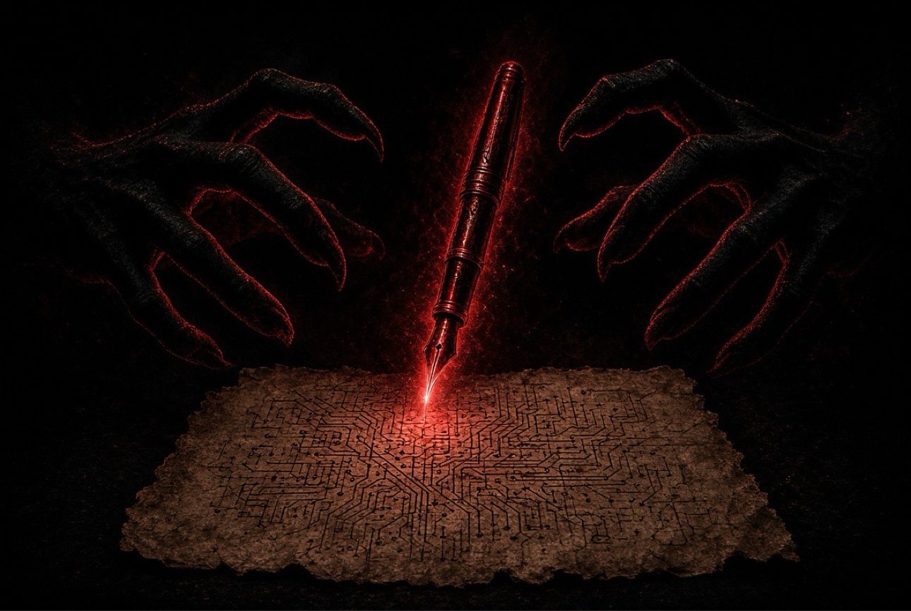 Two shadowy hands reaching for a glowing red pen