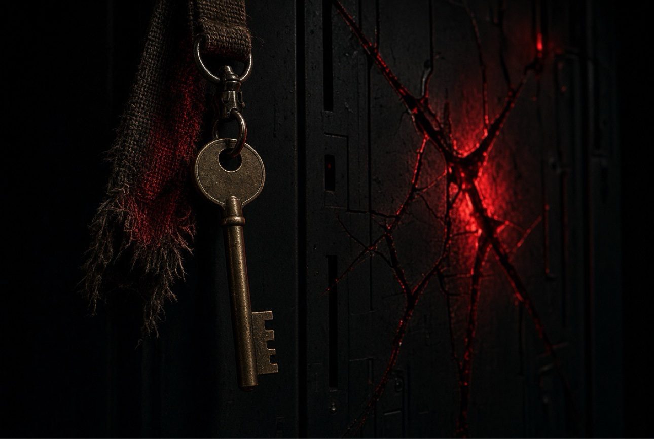 A brass key hanging beside a cracked, glowing server rack